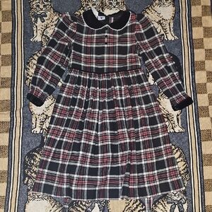 Vintage Hartstrings Plaid Long Sleeve Dress Girls 7/8 Collar Cotton Velvet Trim